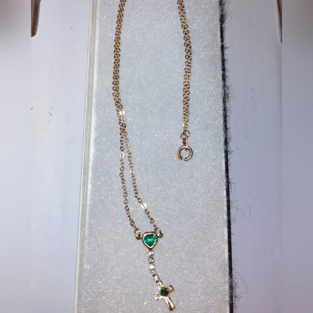 Emerald Green Heart + Connected Dangling Gold Cross Necklace - Picture 10 of 15